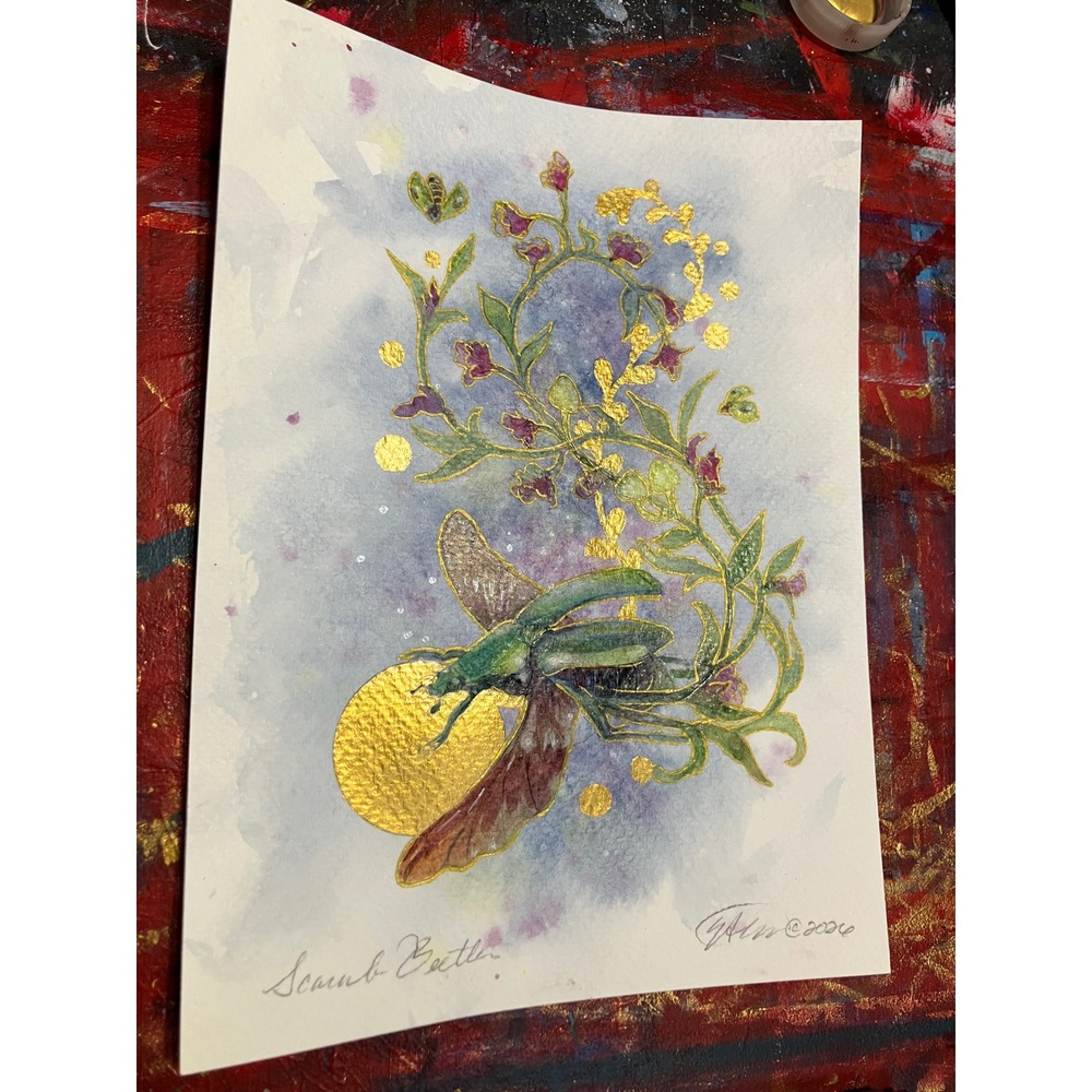 Artettina Original Scarab painting Beetle Watercolor Gold accent Painting Signed